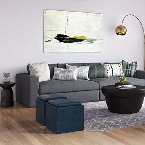SIMPLIHOME Rockwood 17" Wide Vegan Leather Storage Ottoman in Brown | Distressed dark blue, contemporary ottoman with flip-over tray top and hidden storage; cube storage bench for living room. - color: Distressed Dark Blue