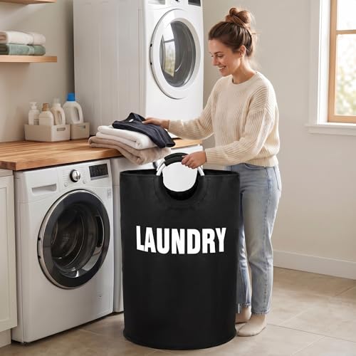 DOKEHOM 160L XX-Large Laundry Basket (7 Colors), Collapsible Laundry Bag, Foldable Laundry Hamper, Folding Washing Bin (Black, XXL) | Freestanding tall washing bin & foldable laundry bag. Extra large clothes storage basket with durable sturdy handles - co