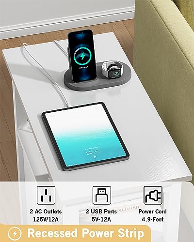 End Table with Charging Station, Side Table with 2 Drawer & USB Ports & Power Outlets, Nightstand for Small Spaces, Bedside Tables for Living Room White - color: White