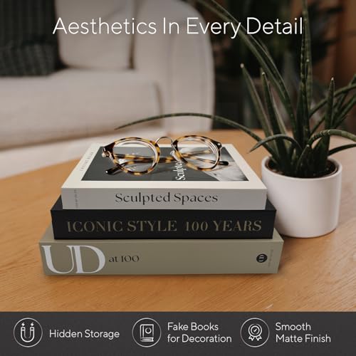 Designer Decorative Books Set of 3, Contemporary Faux Books with Storage | Large neutral hardcover book boxes with magnetic closure for coffee table, mantle, console or bookshelf styling mid century