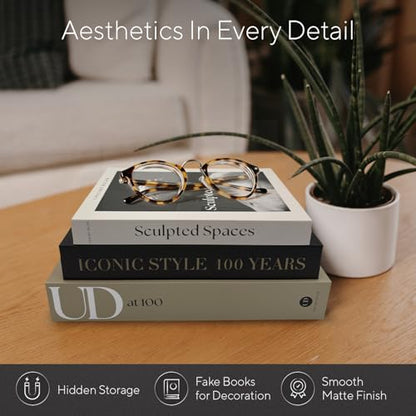 Designer Decorative Books Set of 3, Contemporary Faux Books with Storage | Large neutral hardcover book boxes with magnetic closure for coffee table, mantle, console or bookshelf styling mid century