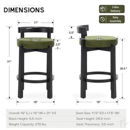 HEAH-YO Mid Century Modern Bar Stools Set of 6, 26.5" Counter Stools with Low Back, Velvet Upholstered Barstools with Black Wood Legs Bar Chairs for Kitchen Island Dining Room, Green - color: 26.5" Green Velvet Black Wood, size: Counter Height - Set of 6