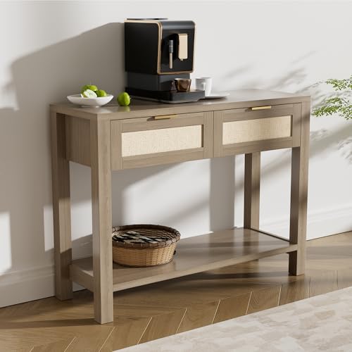 Boho Chic Console Table with 2 Rattan Drawers and Open Shelf Storage, Narrow Farmhouse Sofa Table for Small Space Entryway, Living Room,Hallway, Caramel Oak - color: Caramel Oak