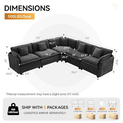 113'' V Shaped Cloud Sectional Sofa, Oversized Deep Seat Couches for Living Room, Chenille Comfy Upholstered Modular Sectional Sofa Couch, Dark Grey - color: Dark Grey, size: 113'' V Shape
