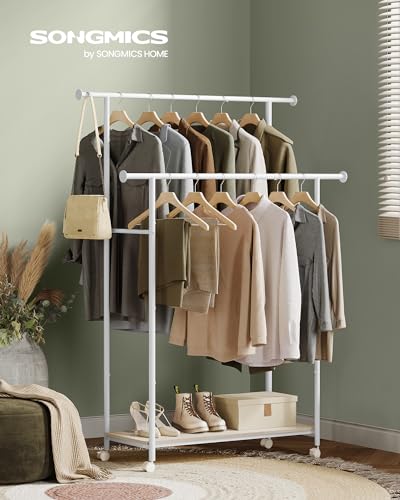 SONGMICS Clothes Rack with Wheels, Double-Rod Clothing Rack for Hanging Clothes, 38.8 Inches Garment Rack with Shelf, Loads up to 220 lb, for Bedroom, Closet, Natural Beige and Cloud White UHSR152W01 | Clothing Rack for Hanging Clothes, 38.8 Inches, Loads