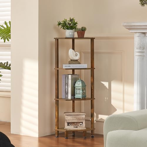 YUFAM 4-Tier Corner Shelf, Brown | Wooden Corner Bookshelf for Small Spaces, Corner Standing Shelf with Sturdy 5-Leg Base - color: Brown, size: 4 Tier