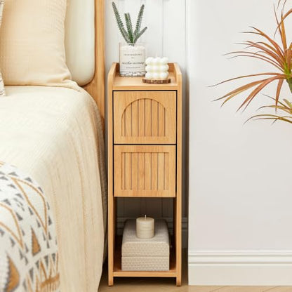 Narrow Nightstand Set of 2, Wooden Small 2 Drawer Nightstand, Slim Side End Table, Skinny Bedside Table, Mid Century Modern Night Stand with Drawers for Bedroom (Yellowish Natural) - color: Yellowish Natural