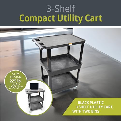 Pearington 3-Shelf Multipurpose Mobile Utility Cart with 2 Bins and Lockable Wheels, Heavy-Duty Plastic Rolling Presentation Cart for Offices and Warehouses, Black - size: 3 Bin Shelves