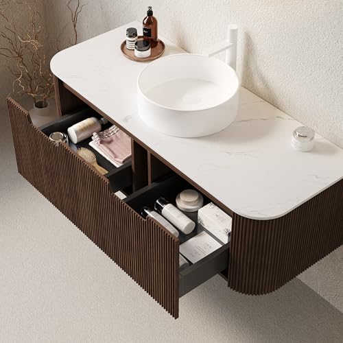 48” Floating Bathroom Vanity with Sink, Fluted Wall-Mounted Solid Wood Cabinet, White Ceramic Round Basin, Faux Marble Top, Soft-Close Drawer, Pre-Assembled, Walnut Woodgrain - color: 04 - Walnut Woodgrain, size: 48"