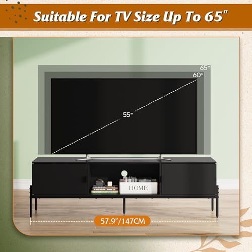 WLIVE 58" TV Stand for 65 Inch TVs, Mid Century Modern Entertainment Center with 2 Storage Cabinets & Open Shelf, Media Console Table with Metal Legs for Living Room, Bedroom, Black - color: Black