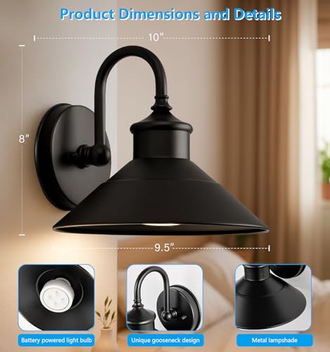 JOESA Battery Operated Wall Sconce Set of 2, Black Vintage Wireless Industrial Cordless Battery Powered Wall Sconces, for Bedroom Farmhouse Gallery