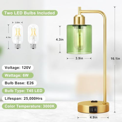 Innqoo Industrial Green Table Lamps for Bedrooms Set of 2-3-Way Dimmable Desk Lamp with USB C+A Ports and Outlet, Gold Lamps with Green Glass Shade for Living Room - color: Green Shade& Gold Base
