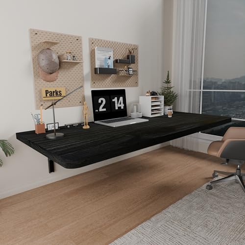 IAE Floating Wall Mounted Folding Table Desk with Pine Wood,48x22in, Black | Foldable Workbench,Fold Down Wall Mounted Foldable Desk with Shelf Brackets,Laundry Folding Table for Home,Dining,Kitchen - color: Black, size: 48*22*10 Inch