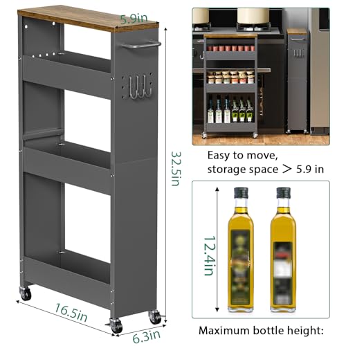 XYZLVSI Slim Storage Cart, Narrow Kitchen Rolling Cart for Small Spaces | 5.9" W skinny storage cart, 12.4" bottom metal utility cart with 360° swivel wheels for bathroom/laundry, slim shelf, Gray - size: 5.9IN-Gray