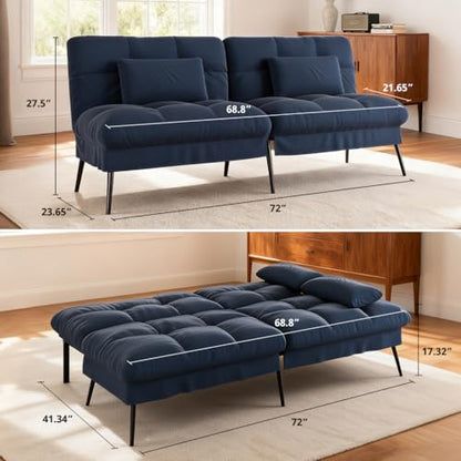COMHOMA 72″ Convertible Futon Sofa Bed, Adjustable Backrest, Blue | Breathable Fabric Futon Couch with Pillows,Multi-angle Ergonomic Reclining,Space-saving Sleeper Sofa for Living Room - color: Blue