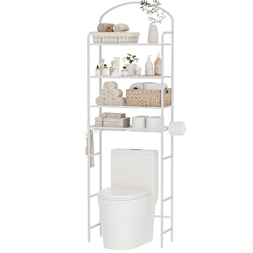 4-Tier Over The Toilet Storage, Bathroom Organizer | Space-Saving, 72"H Above Toilet Storage Rack with 4 Hooks and Paper Holder, Metal Shelf, White - color: White, size: 4-tier