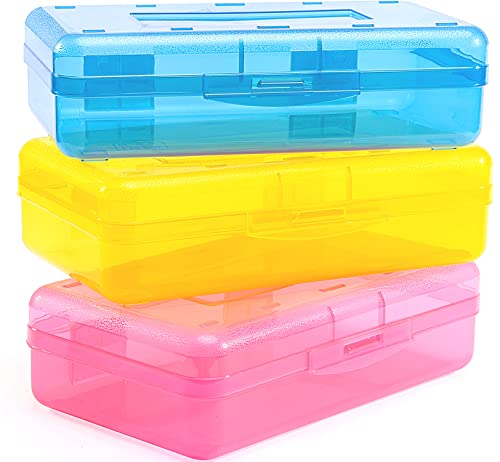 Sooez 3 Pack Pencil Case, Large Hard Pencil Box Bulk, Clear Crayon Box | Marker Pen Organizer, Plastic Storage Container with Snap Lid, Art Craft Organizer Back to School Supplies, Colorful - color: Blue, Yellow, Pink