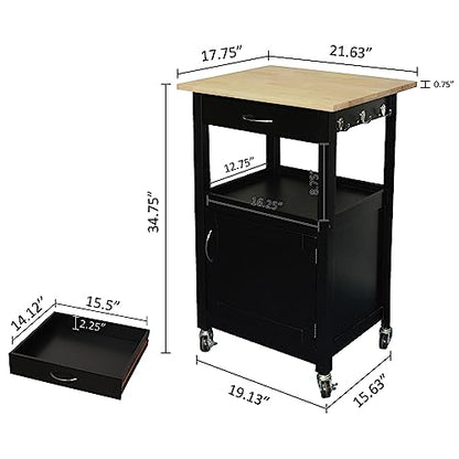 Kitchen Island Cart on Wheels, Black Base, Natural Hardwood Top | Drawer, Storage Cabinet, Shelf - color: Black