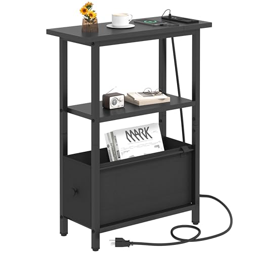 Narrow Side Table with Charging Station, Skinny End Table for Small Spaces, Thin Sofa Side Table with 1 Fabric Drawer, Slim Nightstand for Living Room, Bedroom, Black - color: Black, style: With Plug