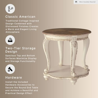 Signature Design by Ashley Realyn Round End Table, French Country, White | Ash veneer & engineered wood, Cast resin corbels, Fixed lower shelf, French country side table, White end table