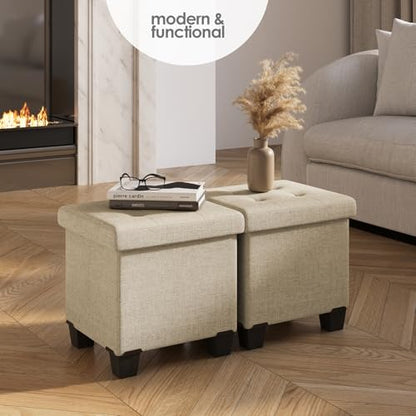 Storage Ottoman Cube with Small Bin, 15-in Square Ottoman with Storage for Living Room and Bedroom, Small Ottomans Foot Rest, Fabric Foot Stools Ottomans Max 330lbs, Beige - color: 08 - Beige