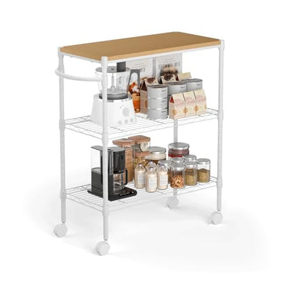 Whitmor 3 Tier Rolling Kitchen Cart,27.6"x10"x21.7”Heavy Duty Metal Storage Cart with Wheels, Adjustable Shelves, Lockable Utility Cart with Wood Top & Portable Handle for Indoor & Outdoor Use, White - size: 27.6 x 10 x 21.7 inches