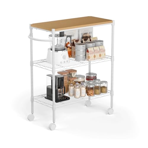 Whitmor 3 Tier Rolling Kitchen Cart,27.6"x10"x21.7”Heavy Duty Metal Storage Cart with Wheels, Adjustable Shelves, Lockable Utility Cart with Wood Top & Portable Handle for Indoor & Outdoor Use, White - size: 27.6 x 10 x 21.7 inches