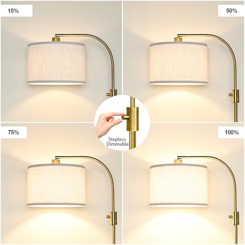 Nintiue Upgraded Modern Arc Dimmable Tall Standing Floor Lamp with Linen Shade, 1200 Lumens LED Bulb Included, for Living & Reading Room, Bedroom, Office & Nursery, Brass - color: Brass-Linen shade