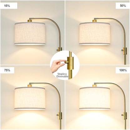 Nintiue Upgraded Modern Arc Dimmable Tall Standing Floor Lamp with Linen Shade, 1200 Lumens LED Bulb Included, for Living & Reading Room, Bedroom, Office & Nursery, Brass - color: Brass-Linen shade