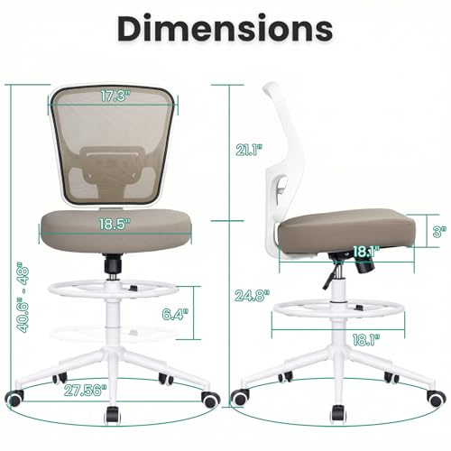 Armless Drafting Chair Tall Office Chair for Standing Desk - Adjustable Height Mesh Ergonomic Stool with Foot Ring, Rolling Counter Height Computer Chair for Small Spaces & Home Office - color: Khaki