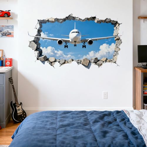 3D Breaking Airplane Wall Decals, Wall Stickers Decor | 2 Sheets 11.8"x37.8" Vinyl Removable Peel and Stick Murals, Plant Decor for Bedroom, Bathroom, Office, Classroom & Home - style: 3D Breaking Airplane