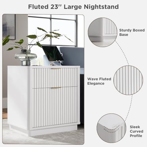 T4TREAM 23'' Fluted Nightstand with Charging Station, Modern, Solid White | Large 2 Drawer, Curved Profile, Mid-Century, Bedside Table with Storage, End Table for Living Room, Bedroom, Side Table - color: Solid White