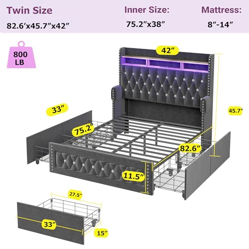 Ailisite Twin Size Bed Frame with 4 Storage Drawers and RGB Led Lights,Velvet Upholstered Platform Bed with Charging Station and Bookcase Storage Headboard, with Crystal and Rivet Deco, Grey - color: Grey, size: Twin