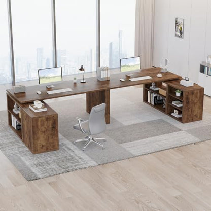 HSH L Shaped Desk with Storage, Home Computer Desk, Rustic Brown, 55 Inch | Reversible Industrial Wood Executive Workstation with Cabinet Shelves, L-Shaped Home Office Table for Study Writing Gaming - color: Rustic Brown