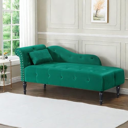 60" Modern Velvet Chaise Lounge Indoor,Upholstered Lounge Chair with Left Armrest and Lumbar Pillow, Button Tufted Lounge Sofa for Living Room Bedroom Office,Mini Chaise Longue Sofa (Green) - color: Green