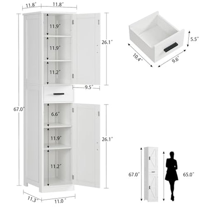 TEENFON 67 Tall Bathroom Cabinet with 6 Shelves & 1 Drawer, Narrow Storage Cabinet with Adjustable Shelves, Silm Cabinet for Living Room, Kitchen, White - color: White-2