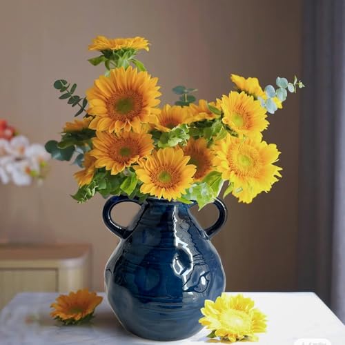 LIFFY Blue Ceramic Vase for Flowers, 6.3 Inch Tall Modern Farmhouse Centerpiece with Double Handles, Vintage Rustic Decorative Vases Home Table Decor (Navy Blue) - color: Double Handle-blue
