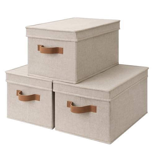 StorageWorks Fabric Storage Bins with Lids, Decorative Storage Bins | Lidded Dust-proof, Easy Pull Handles, Foldable, Stackable, Ideal for Clothes Blanket Towel, Large, Brown and Beige, 3-Pack - color: Brown and Beige, size: Large