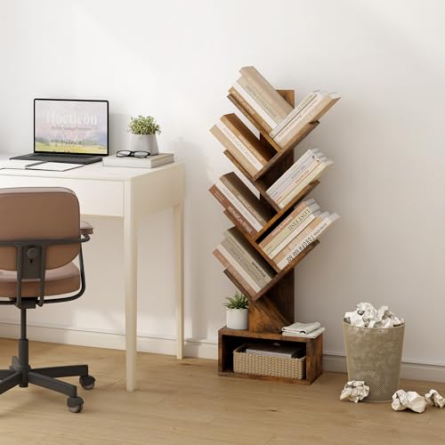 Hoctieon 6 Tier Tree Bookshelf, Tall Bookcase with Drawer, Freestanding Book Shelf, Display Floor Standing Storage Shelf, Book Organizer Shelves for Home Office, Rustic Brown - color: Rustic Brown, size: 6 Tier
