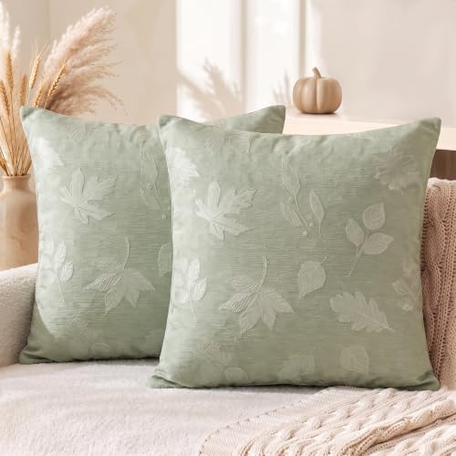 AVOIN colorlife Sage Green Jacquard Decorative Throw Pillow Covers Set of 2, 18 x 18 Inch Maple Leaf Woven Textured Cushion Case Home Decor for Couch Sofa Bed - color: Sage Green