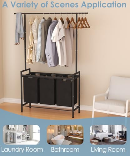 Large Laundry Hamper with Clothes Rack Hanging Bar, 10 x 3 Gal Pull-Out & Removable Sorter Bags, Freestanding Laundry Basket Organizer for Bathroom, Bedroom and Laundry Room, Black