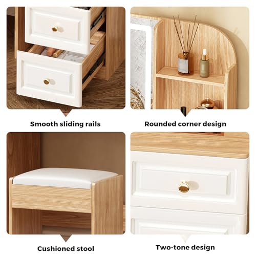 Arulvmrn 43" Makeup Vanity Desk with Mirror and Lights, & Power Outl, Glass Top Big Vanity Table with 9 Drawers& 8 Storage Shelves, Dressing Table Set with Chair for Bedroom, Oak - color: Oak