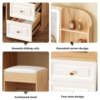 Arulvmrn 43" Makeup Vanity Desk with Mirror and Lights, & Power Outl, Glass Top Big Vanity Table with 9 Drawers& 8 Storage Shelves, Dressing Table Set with Chair for Bedroom, Oak - color: Oak