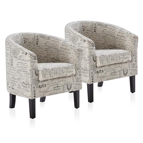 BELLEZE Accent Barrel Chair Set of 2, Linen Round Chair Club Tub Sofa Corner Chair with Flared Legs and Cozy Soft Padding for Living Room Bedroom Waiting Room - Black & Beige - color: Black & Beige, style: Set of 2 Barrel Chair