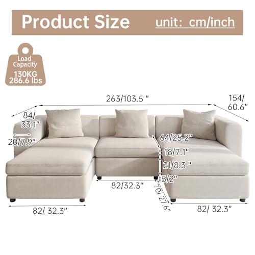 103.5" Velvet Sectional Sofa with 3 Pillows, Convertible U-Shaped Couch with Cushions, Oversized Sectional Sofa with Storage Ottoman, 5 Seaters Sofa Couch for Living Room, Beige - size: 5 Seaters(With Ottoman)