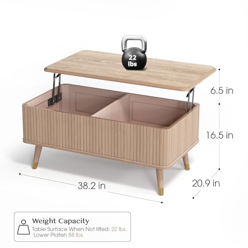 JOINICE Oak Lift Top Coffee Table with Storage for Living Room,38" | Fluted Rectangle Center Table with Wooden Legs,Large Hidden Storage,Natural Boho Style,Lifts to 23",Holds 88lbs,Easy Assembly - color: Oak_rectangle