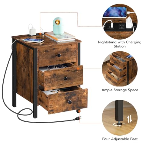 HOOBRO Nightstand with Charging Station, Side Table with 3 Drawers and Storage Shelf, End Table with USB Port, Retro Industrial Style Bedside Table, for Living Room, Bedroom, Rustic Brown BF461BZ01G2
