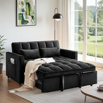 3 In 1 Velvet Convertible Sofa Bed, Pull Out Couch Bed with Reclining Backrest And 2 Pillows, 54" Full Size Loveseat Sleeper Sofa Futon Couch Bed, Couches For Small Spaces, Living Room (Black) - color: Black