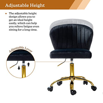 TINA'S HOME Office Desk Chairs with Wheels & Gold Base, Modern Velvet Cute Armless Office Chair, Adjustable Low Back Swivel Rolling Chair, Upholstered Task Chair for Living Room Vanity Study-Black | Modern Velvet Cute Armless Office Chair, Adjustable Low