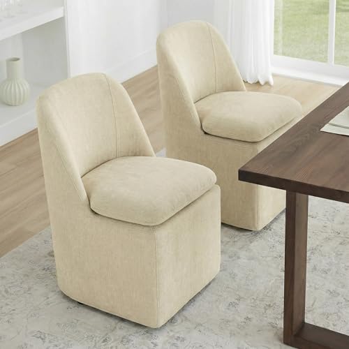 KISLOT Upholstered Dining Chairs Set of 1 with Casters, Modern Side Armless Deskchair with Washable Slipcover & Sturdy Metal Frame for Diningroom Bedroom Livingroom Reading Room, Sand Fabric